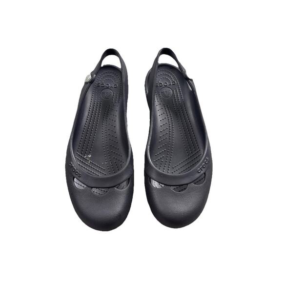 Crocs Jayna Women 10 Black Slingback Ballet Flats Slip On Jewel Flower Mary Jane - Picture 2 of 6